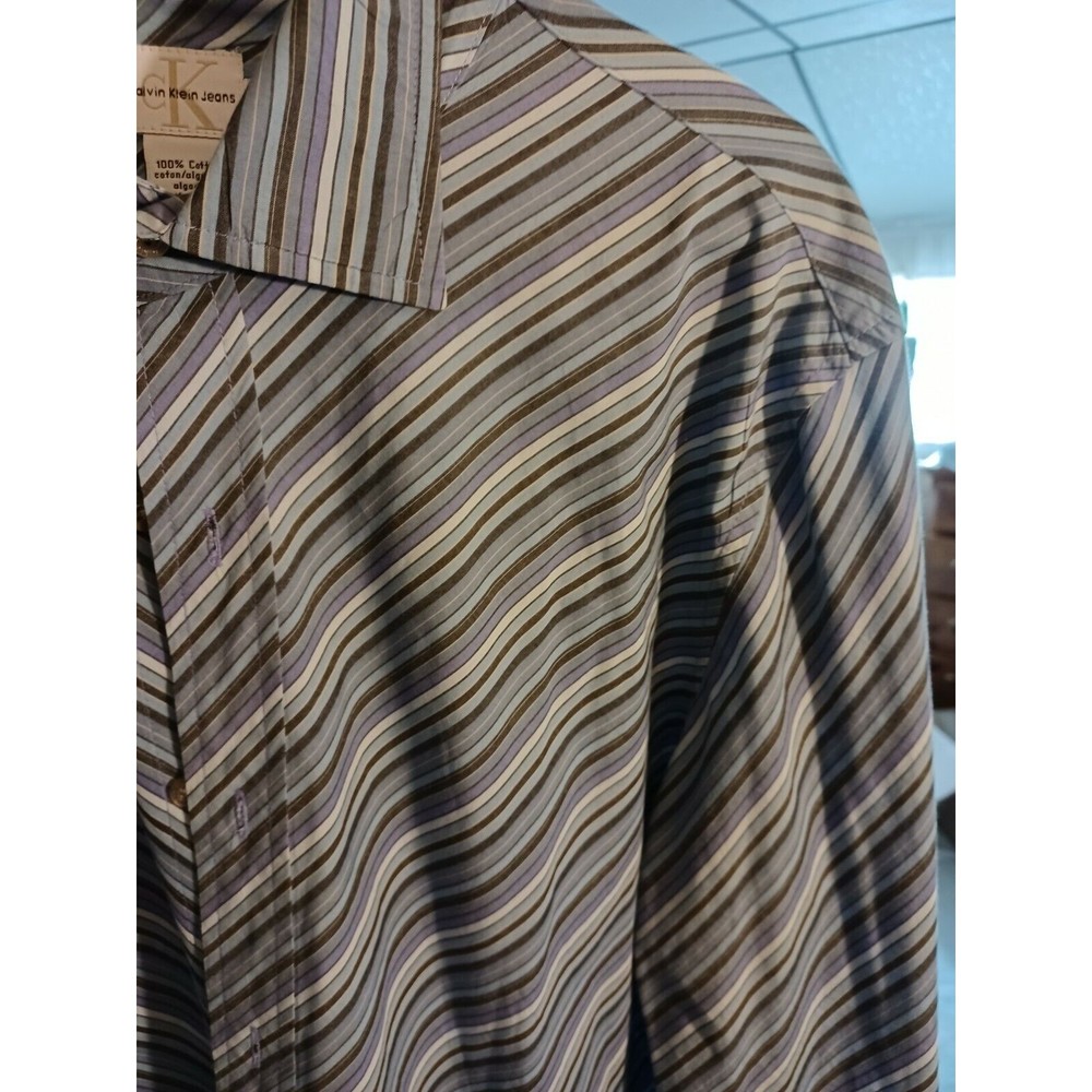 calvin klein L mens dress shirt Blue Gray Purple Brown Chevron French cu… - Picture 4 of 8